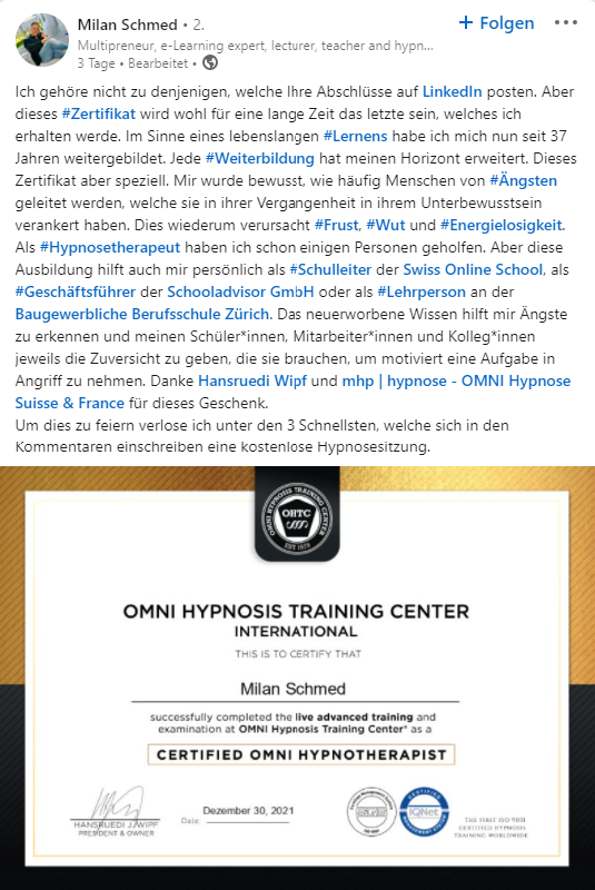 Milan Schmed Feedback zur OMNI Hypnosetherapie Ausbildung | OMNI Hypnoseausbildung aus der Schweiz | Lerne Hypnose live & online